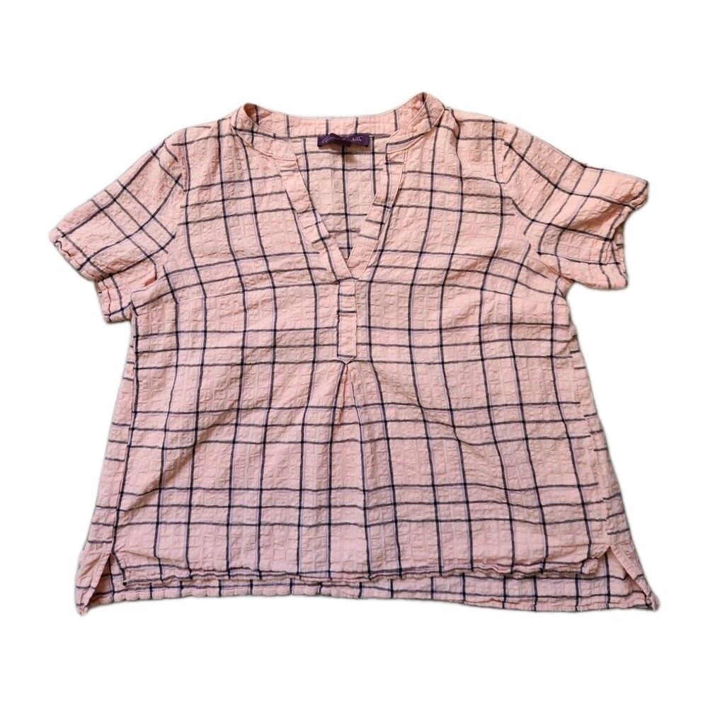 Gloria Vanderbilt Crinkle Plaid Top Pink Blue Lightweight Cotton Blend Womens M